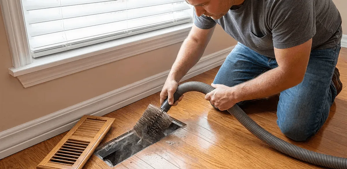 Air duct cleaning technician vacuuming a floor vent and duct opening in Omaha, NE