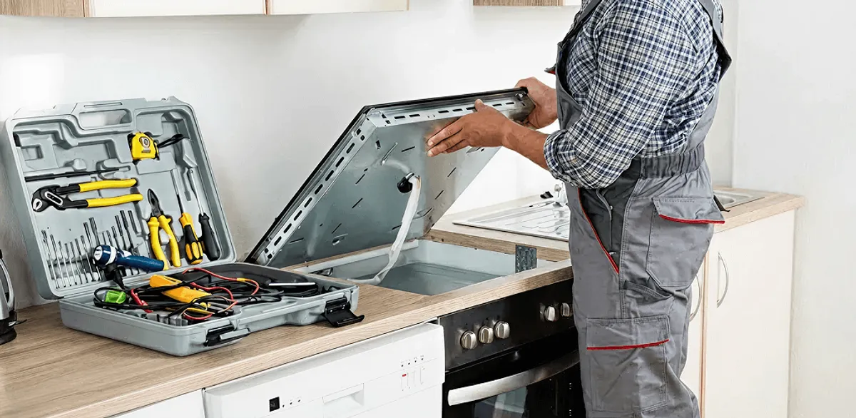 Handyman repairing a cooktop and checking wiring connections in Omaha, NE