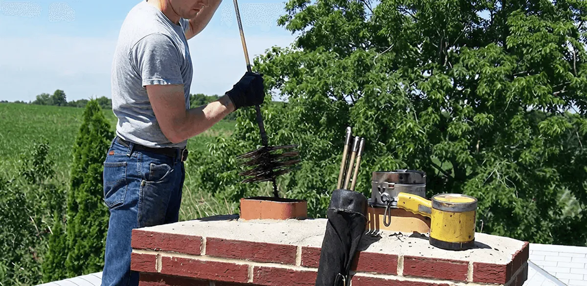 Chimney cleaning technician working on a rooftop chimney with professional tools in Omaha, NE