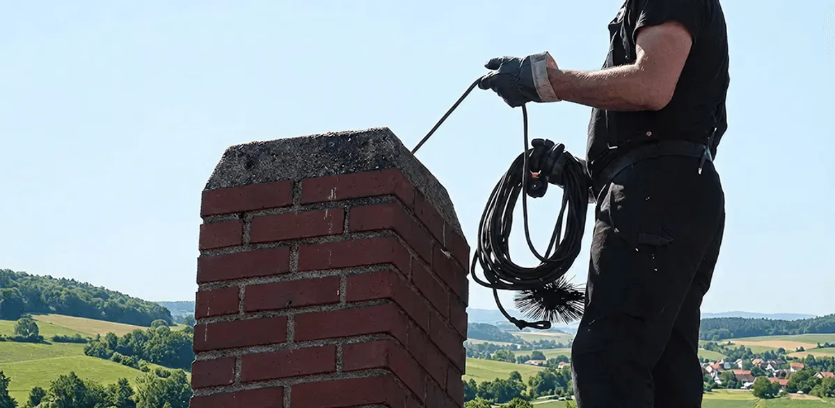 Chimney sweep inspecting and cleaning a rooftop chimney in Omaha, NE