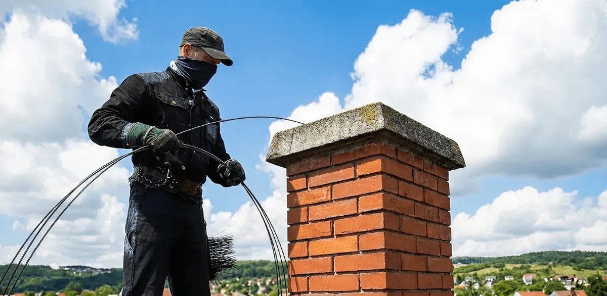 Chimney sweep cleaning a brick chimney with professional tools in Omaha, NE