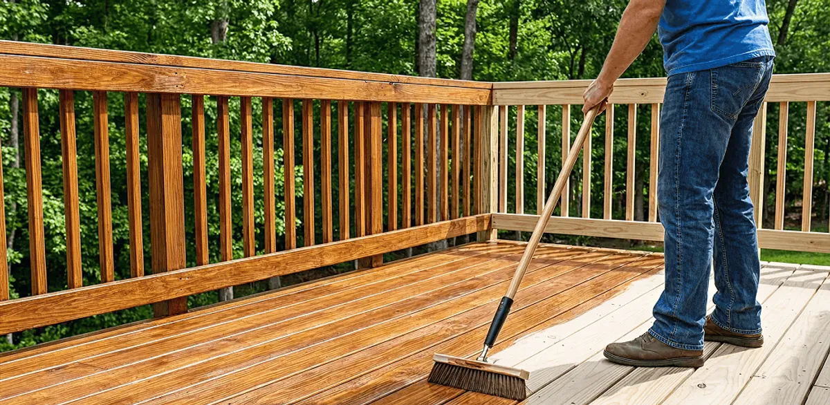 Deck staining and sealing application on a wood deck in Omaha, NE