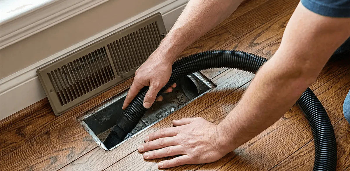 Air duct cleaning technician vacuuming a floor register and duct opening in Omaha, NE
