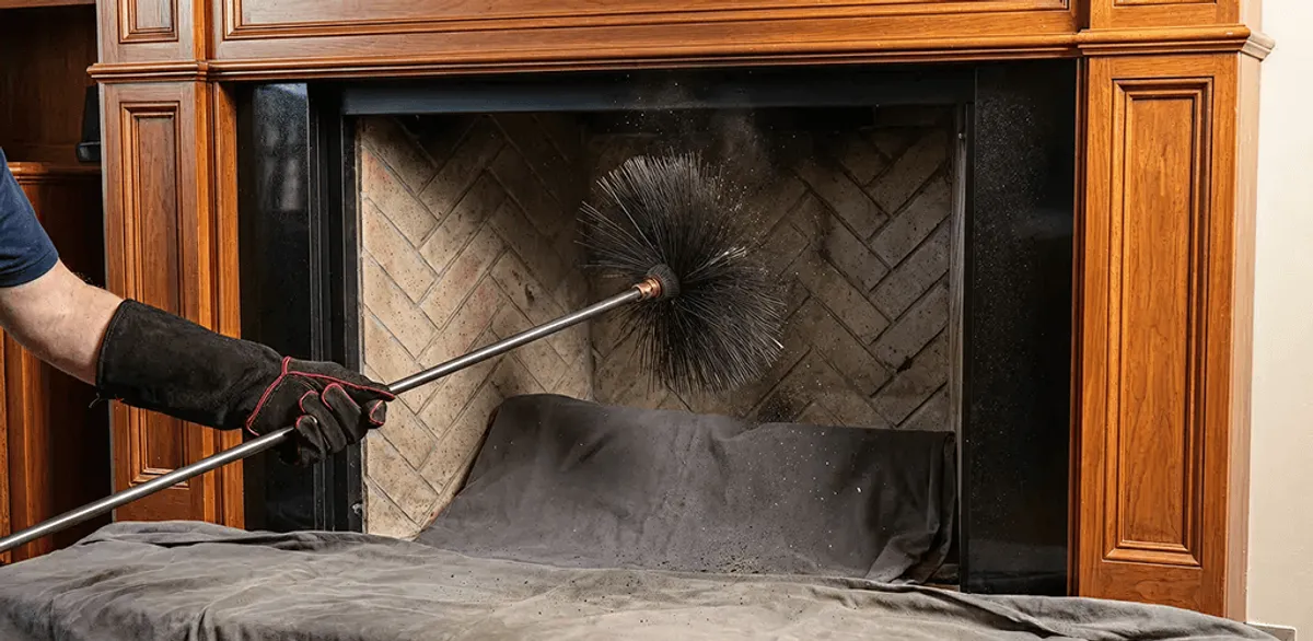 Chimney cleaning service brushing soot from a fireplace and flue in Omaha, NE