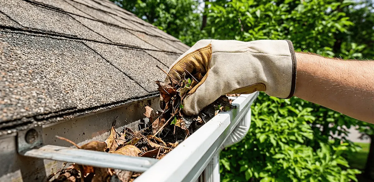 Gutter cleaning removing leaves and debris from roof gutters in Omaha, NE