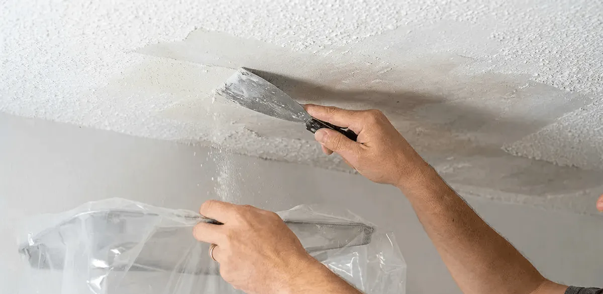 Popcorn ceiling removal technician scraping texture from a ceiling in Omaha, NE
