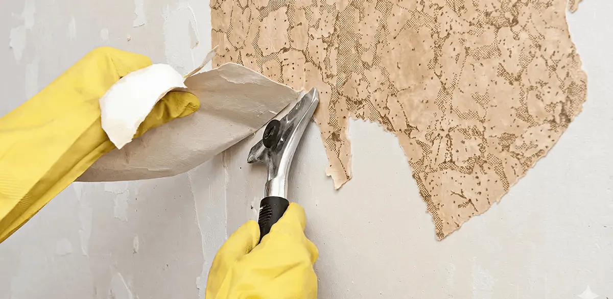 Wallpaper removal service stripping old wallpaper from a wall in Omaha, NE