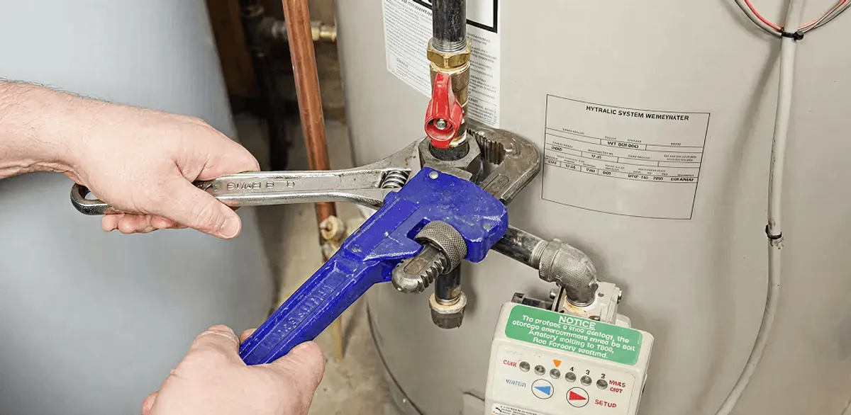 Water heater repair technician tightening the shutoff valve and supply line in Omaha, NE
