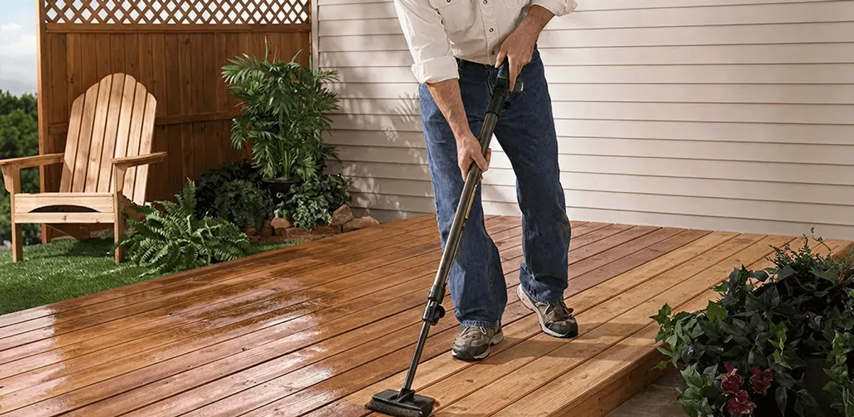 Deck staining service applying stain to a backyard wood deck in Omaha, NE